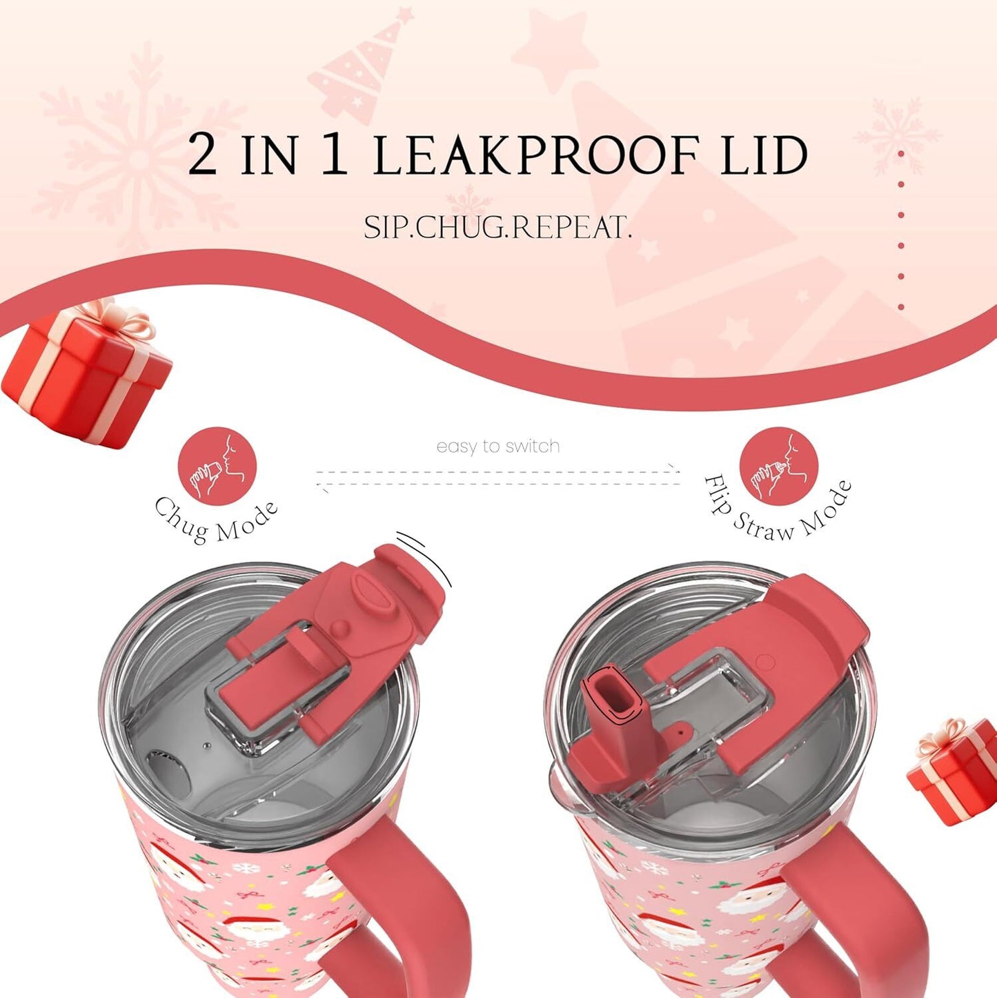40oz Insulated Christmas Tumbler with Handle & Flip Straw – Holiday Edition