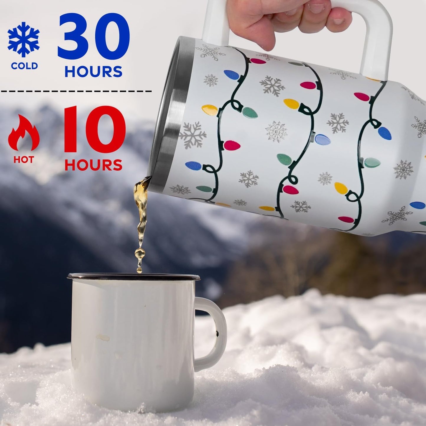 40oz Insulated Christmas Tumbler with Handle & Straw – Xmas Lights & Snowflakes