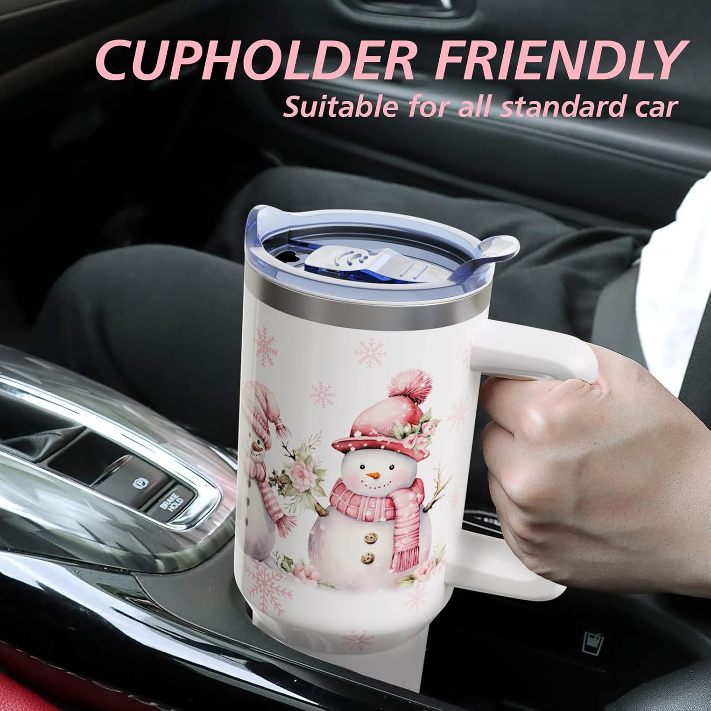 40oz Insulated Christmas Tumbler with Handle & Straw – White Snowman Design