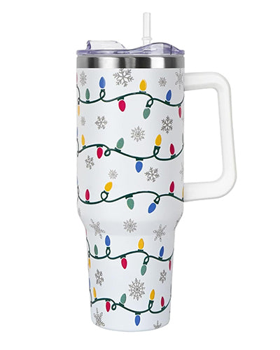 40oz Insulated Christmas Tumbler with Handle & Straw – Xmas Lights & Snowflakes