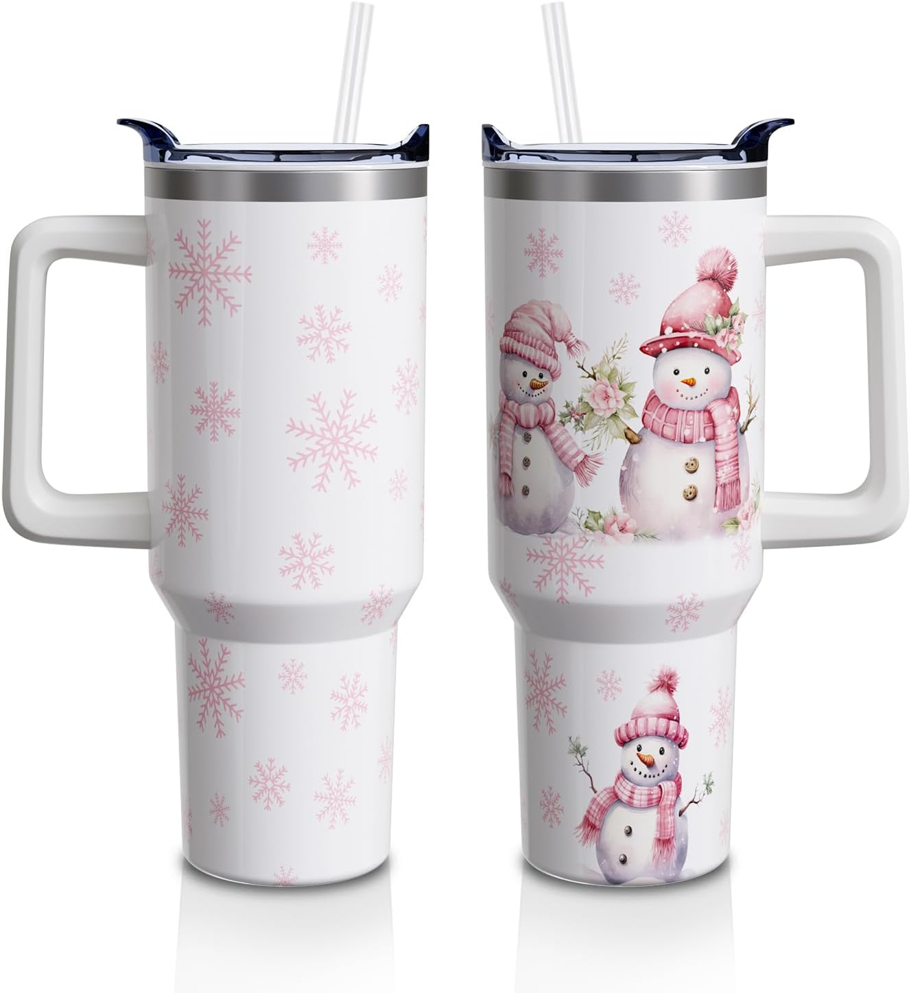 40oz Insulated Christmas Tumbler with Handle & Straw – White Snowman Design