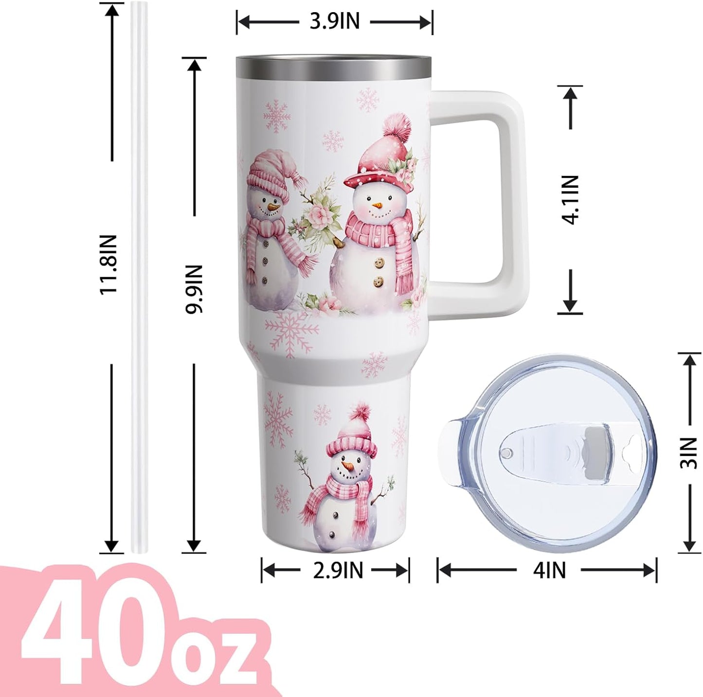 40oz Insulated Christmas Tumbler with Handle & Straw – White Snowman Design