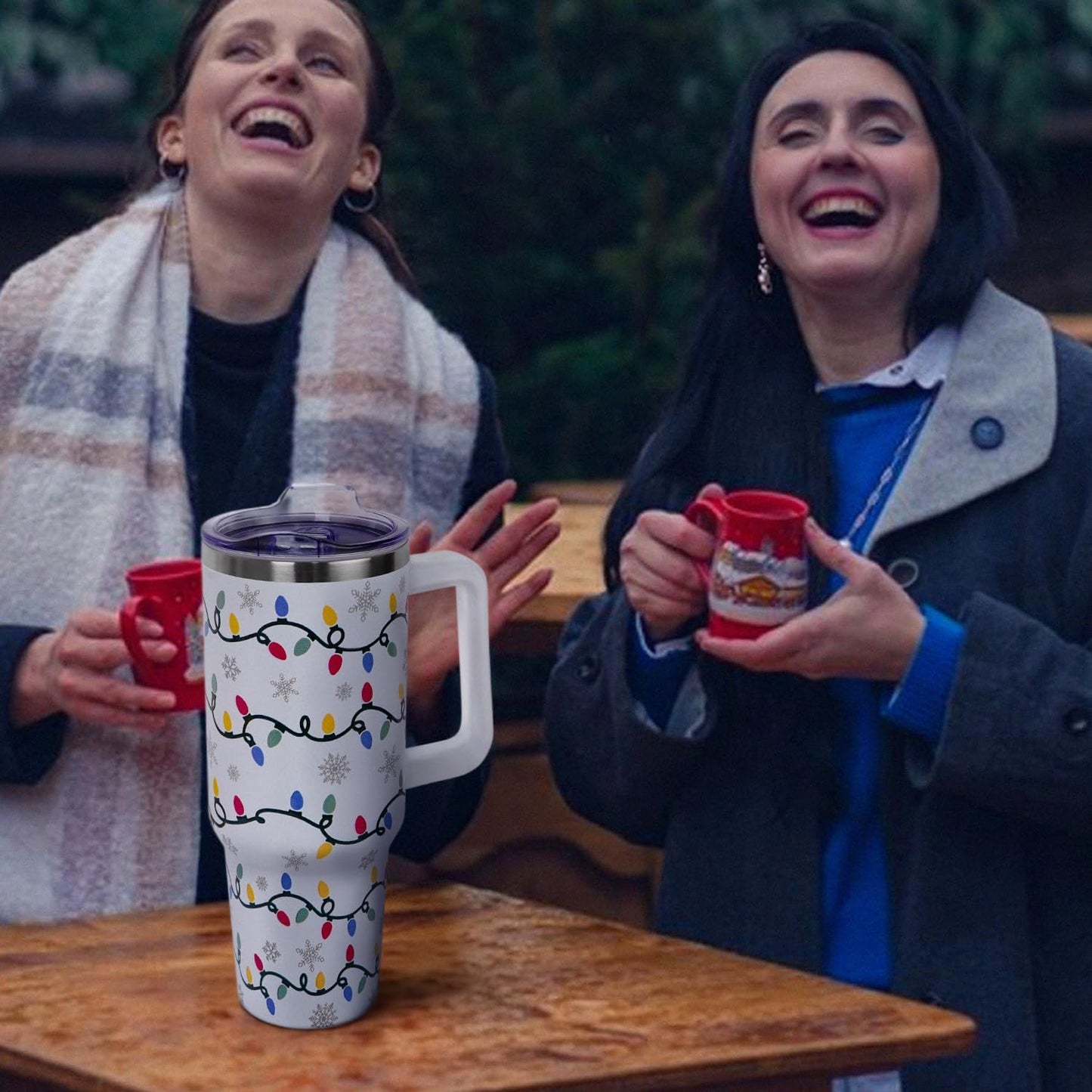 40oz Insulated Christmas Tumbler with Handle & Straw – Xmas Lights & Snowflakes