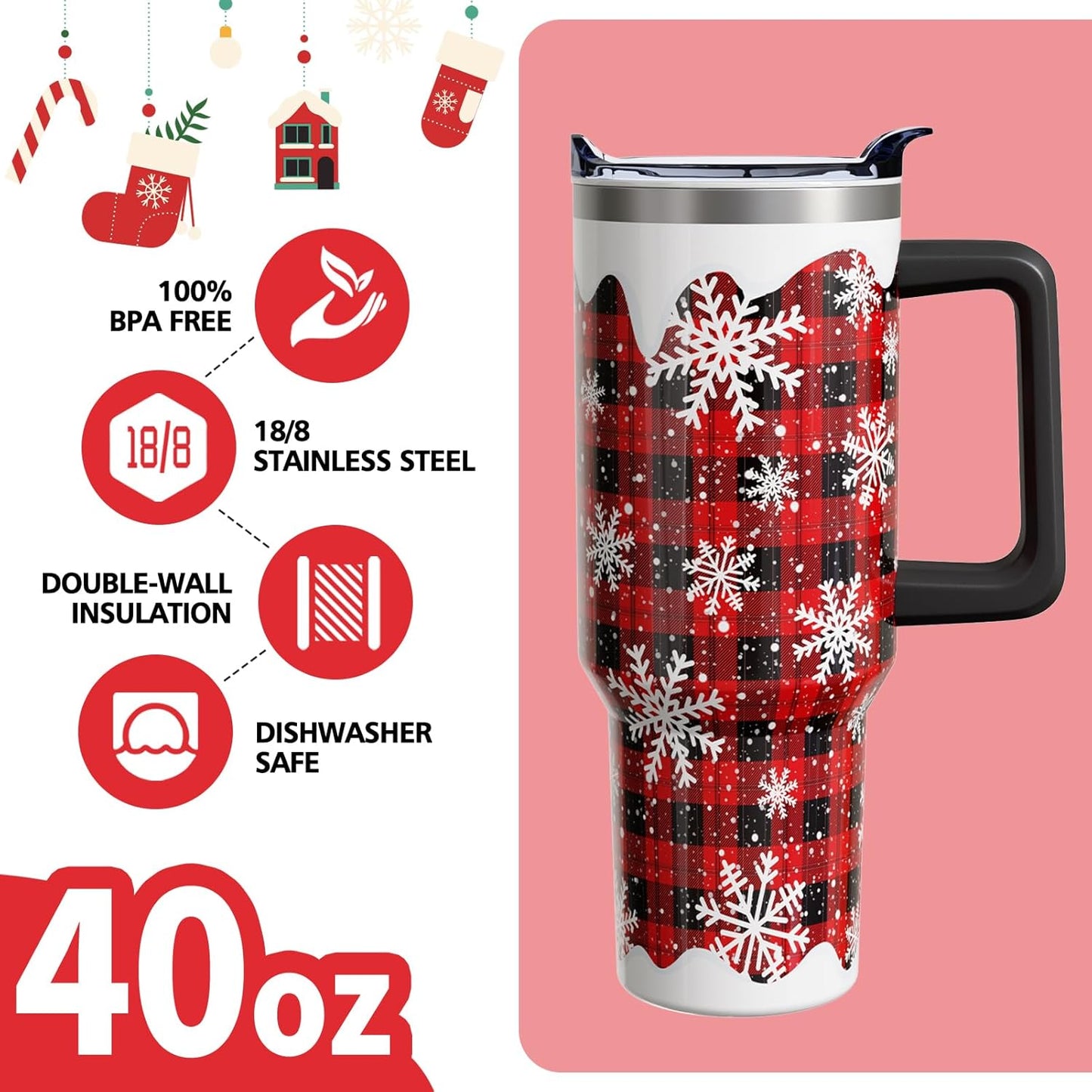 40oz Insulated Christmas Tumbler with Handle & Straw – Red Buffalo Plaid