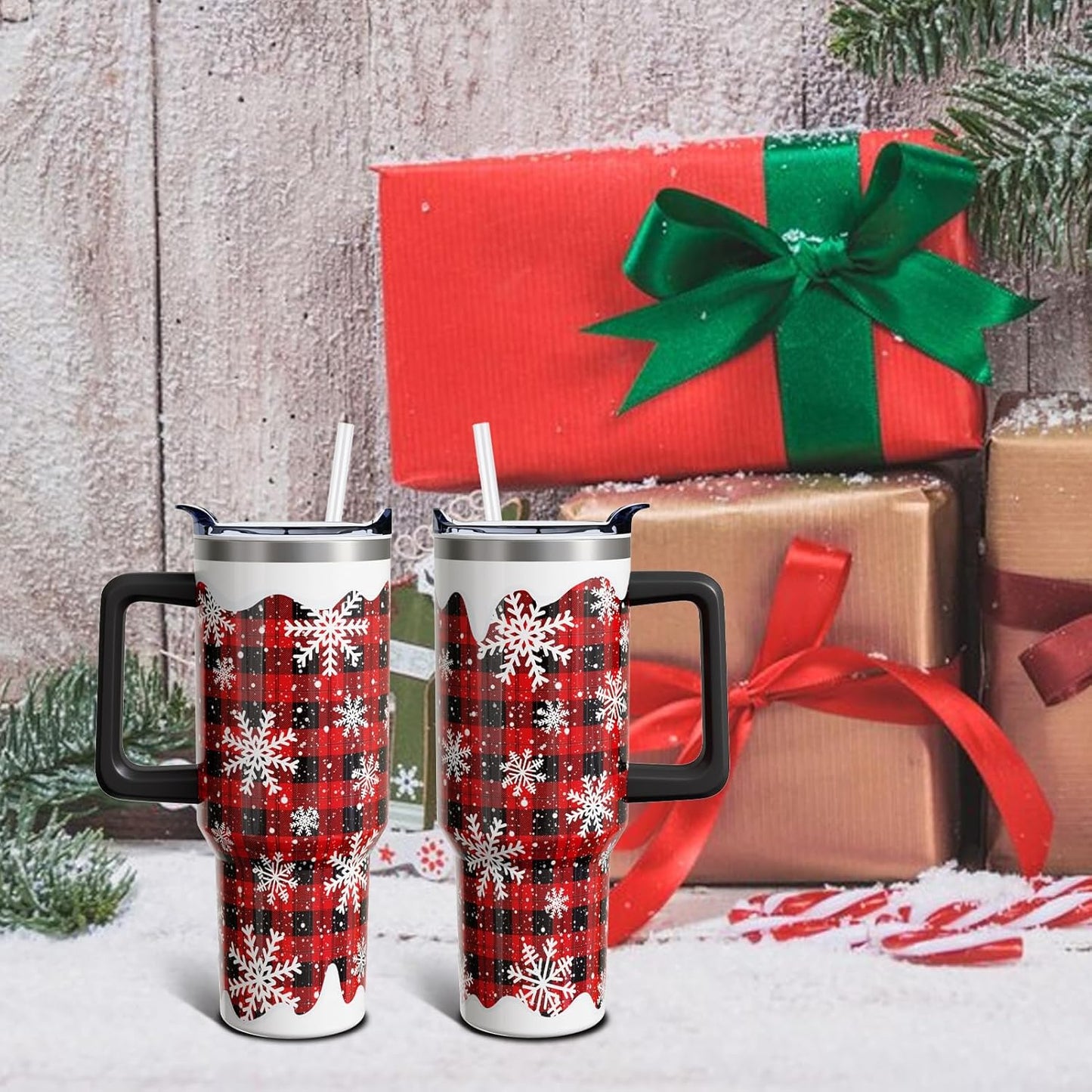 40oz Insulated Christmas Tumbler with Handle & Straw – Red Buffalo Plaid